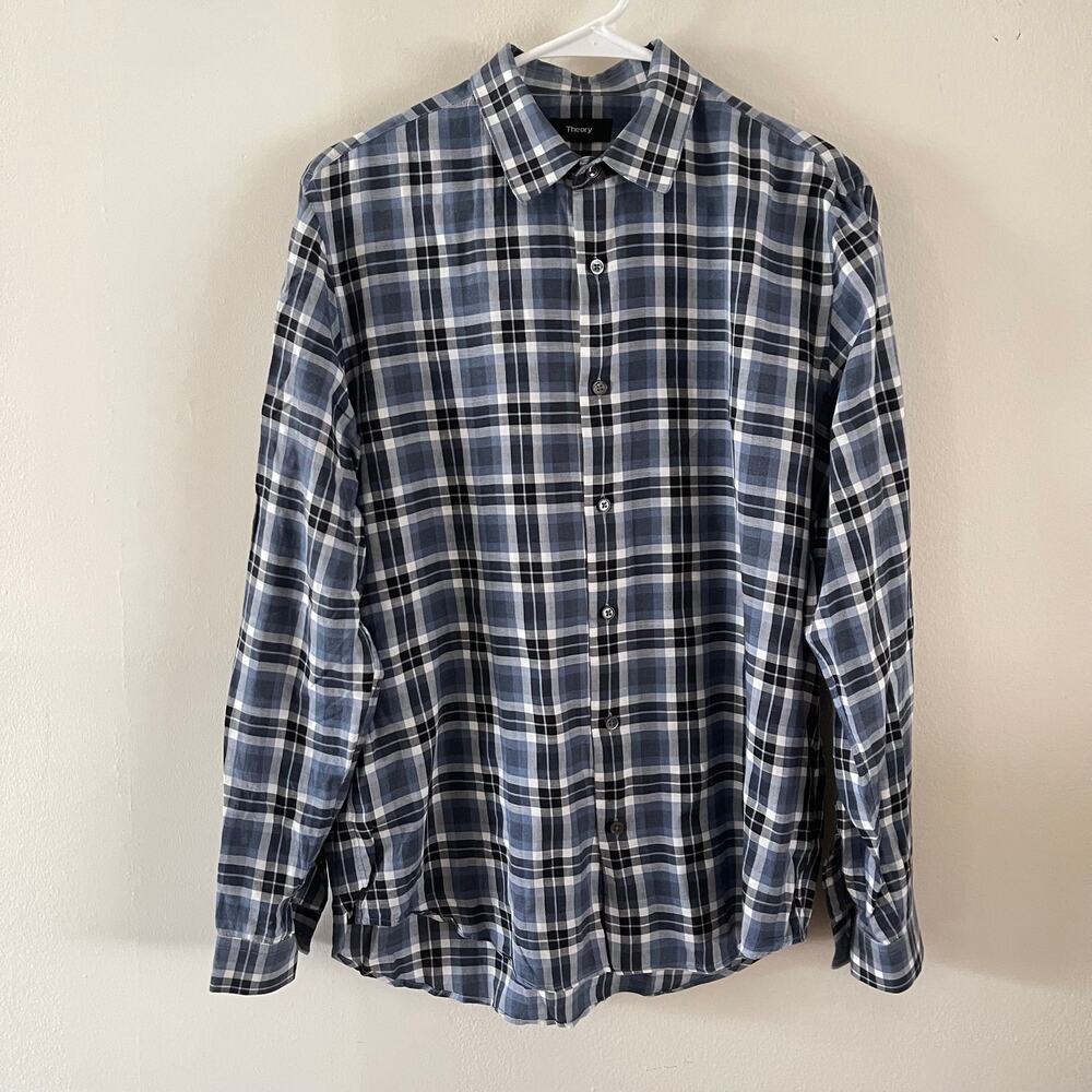 Theory Mens Medium Clean Dobby Plaid Shirt Blue Cotton Casual Gorpcore